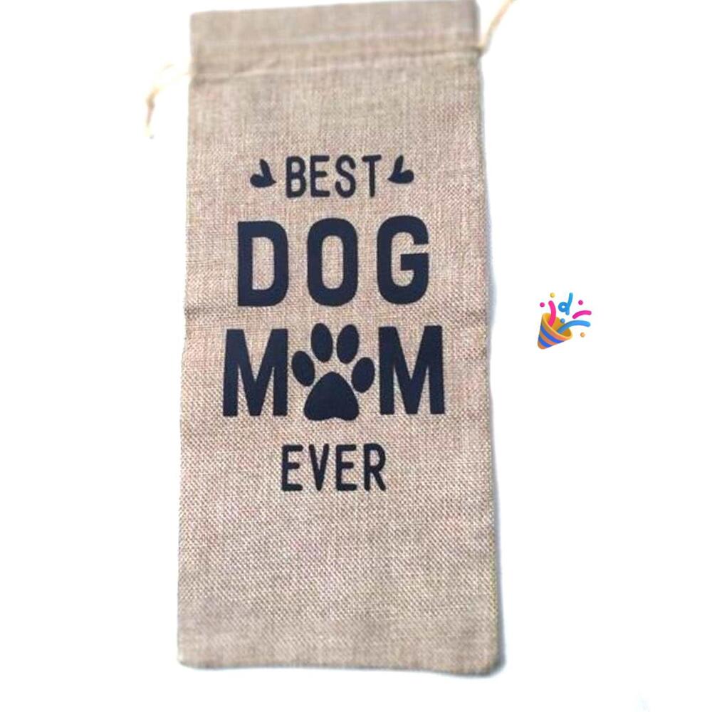Best Dog Mom Ever Burlap Wine Bottle Gift Bag Tan Jute Drawstring Sleeve 14x6‎